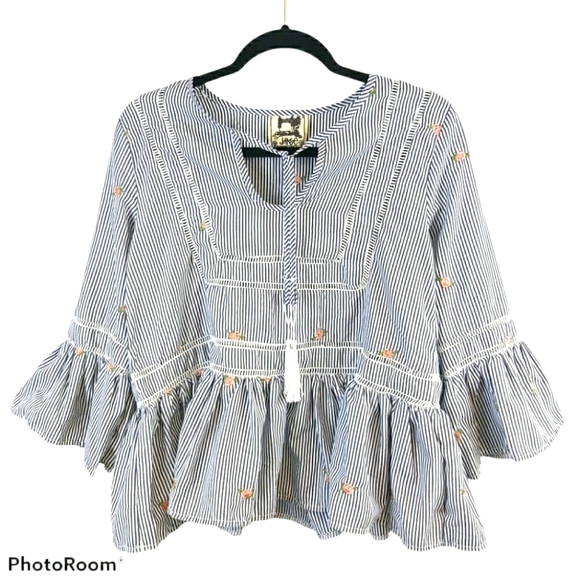 Jaase Boho Pinstripe Floral Ruffle Blouse Top - XS - Picture 1 of 8